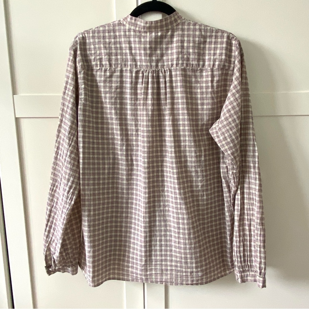 Uniqlo 100% Cotton Classic Beige Plaid Button-Up Shirt with Mauve & Navy Stripes - Picture 2 of 12